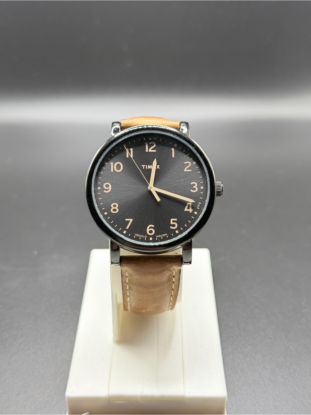 Timex Watch Gunmetal Black Sunburst Dial Tan Leather Strap 42mm Indiglo WR30M